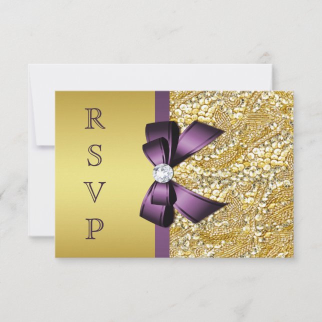 Gold Faux Sequin Diamonds Purple Bow RSVP Card (Front)
