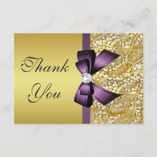 Gold Faux Sequins Diamonds Purple Bow Thank You