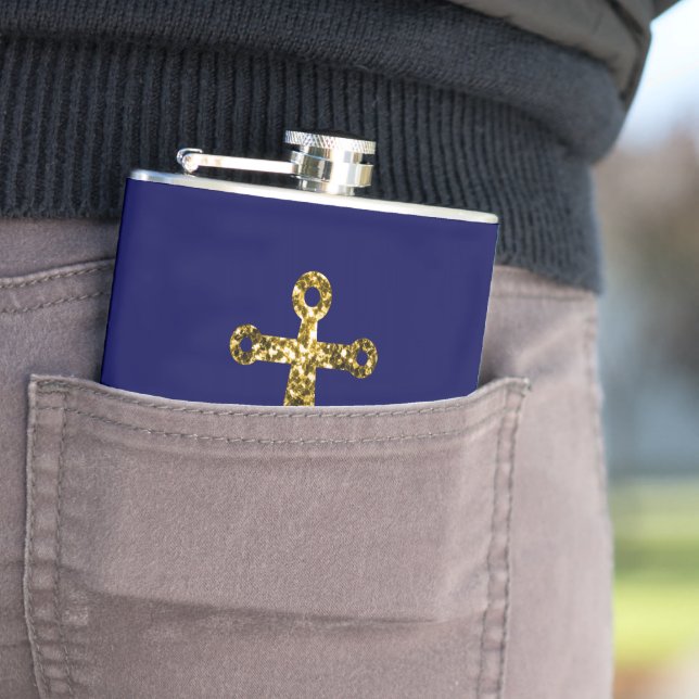 Gold faux sparkle glitter Anchor navy blue Hip Flask (In Situ)