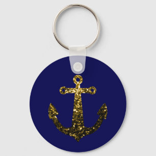 Gold faux sparkle glitter Anchor navy blue Key Ring
