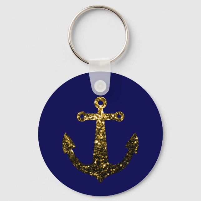 Gold faux sparkle glitter Anchor navy blue Key Ring (Front)