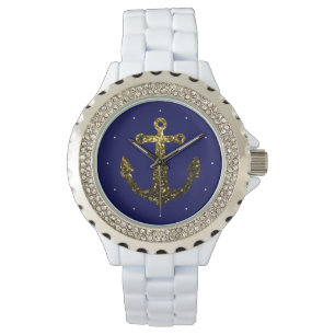 Gold faux sparkle glitter Anchor navy blue Watch
