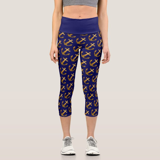 Gold faux sparkle glitter Anchor pattern navy blue Capri Leggings (Front)
