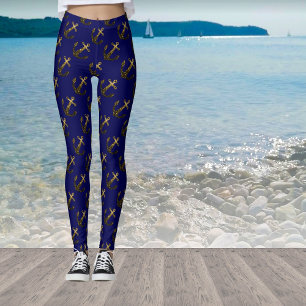 Gold faux sparkle glitter Anchor pattern navy blue Leggings