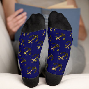 Gold faux sparkle glitter Anchor pattern navy blue Socks