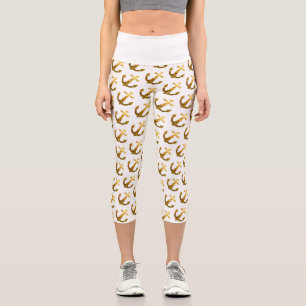 Gold faux sparkle glitter Anchor pattern white Capri Leggings