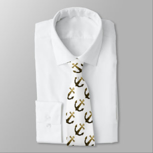 Gold faux sparkle glitter Anchor pattern white Tie