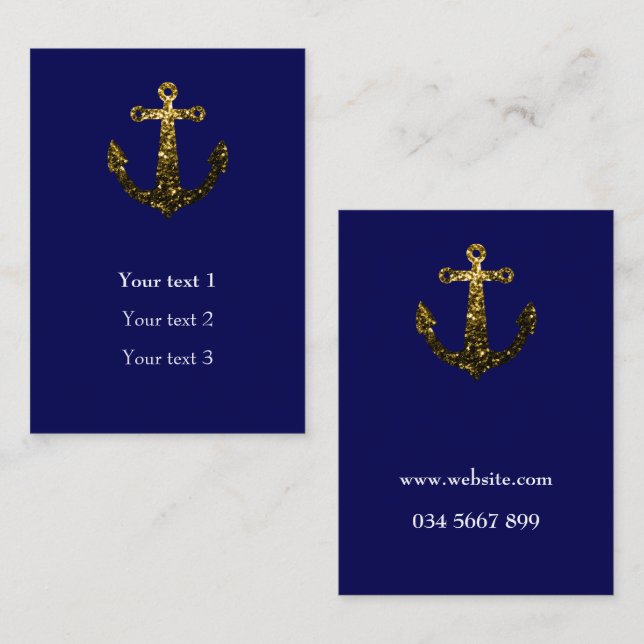 Gold faux sparkles Anchor navy blue Personalise Business Card (Front/Back)