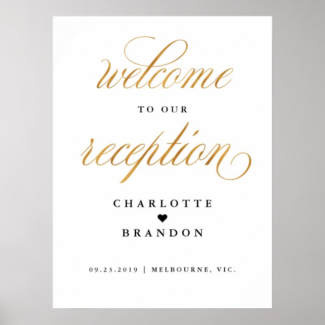 Gold faux welcome to our reception wedding sign (Front)