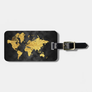 Gold Faux World Map Professional Black Metal Luggage Tag
