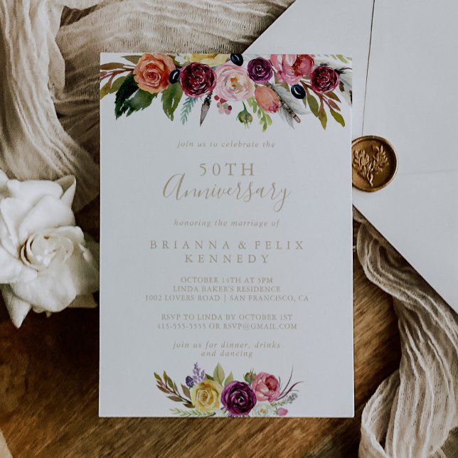 Gold Feather Boho Floral 50th Wedding Anniversary  Invitation (Creator Uploaded)