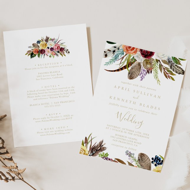Gold Feather Boho Floral Front & Back Wedding  Invitation (Creator Uploaded)