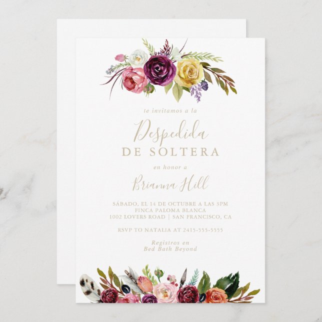 Gold Feather Boho Floral Spanish Bridal Shower   Invitation (Front/Back)