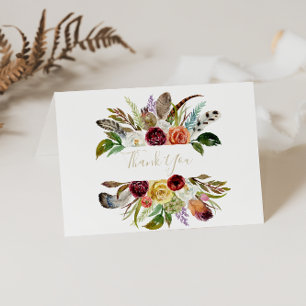 Gold Feather Boho Folded Wedding Thank You Card