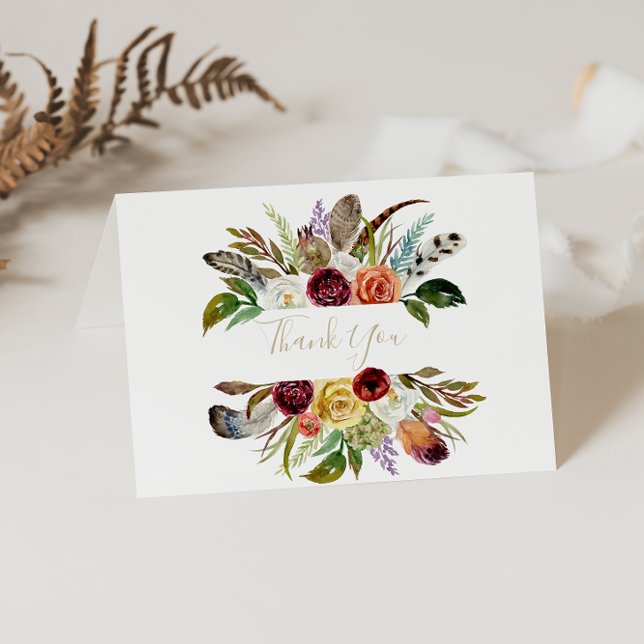 Gold Feather Boho Folded Wedding Thank You Card (Creator Uploaded)