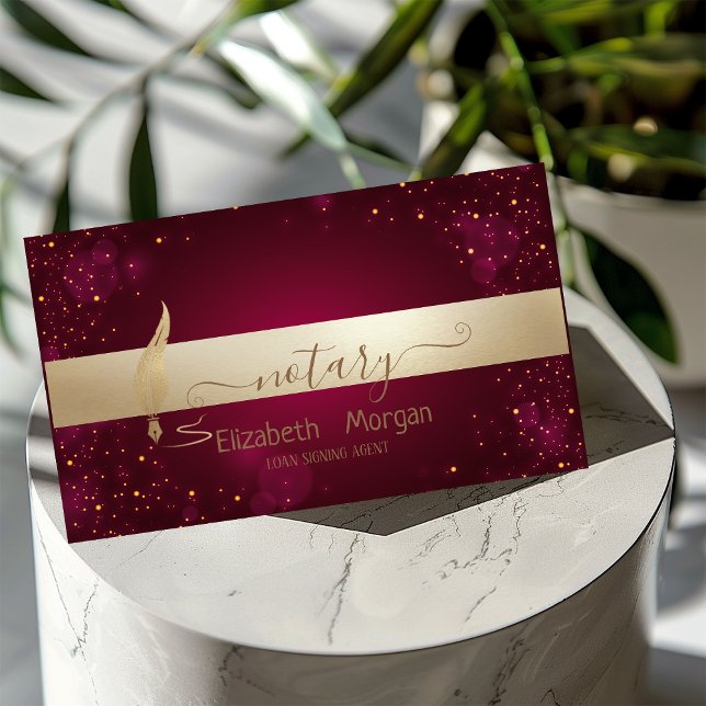 Gold Feather Dark Red Notary Signing Agent  Business Card (Creator Uploaded)