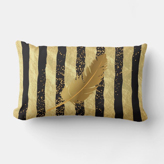 Gold Feather on Gold and Black Stripes Lumbar Cushion (Front)