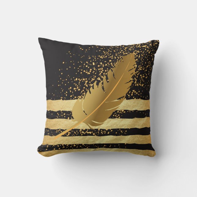 Gold Feather on Gold Confetti and Stripes Cushion (Front)