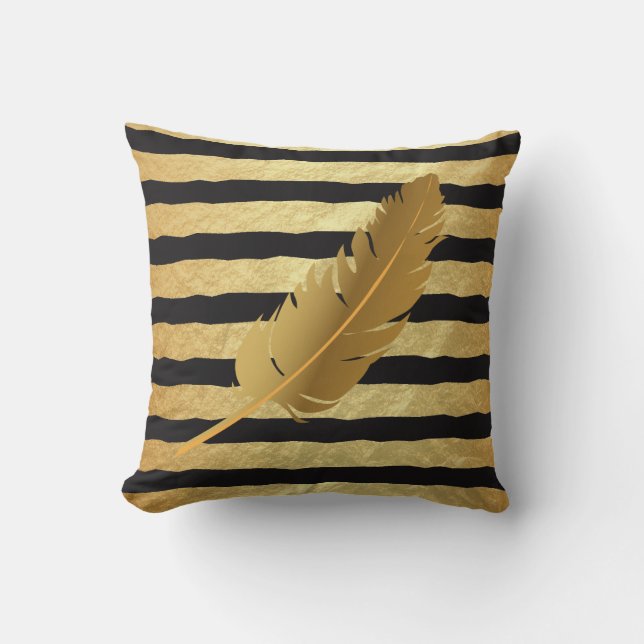Gold Feather on Gold Foil and Black Stripes Cushion (Front)