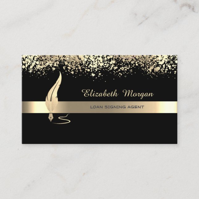 Gold Feather Stripe Black Notary Business Card (Front)