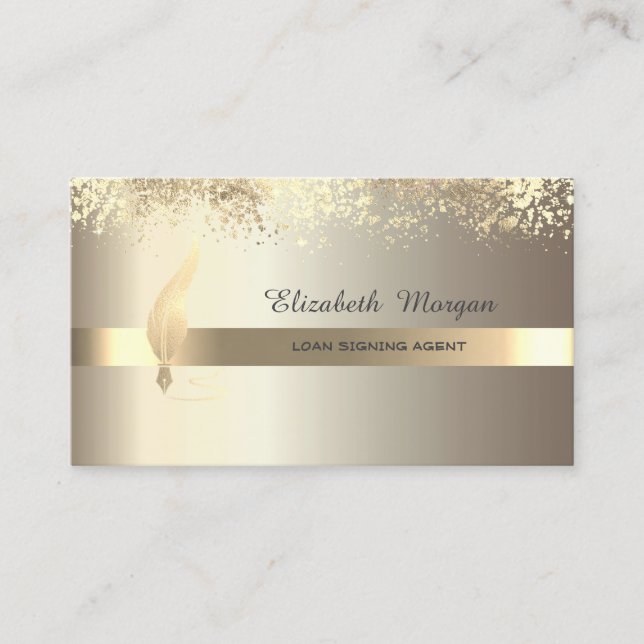 Gold Feather Stripe Champagne Notary Business Card (Front)