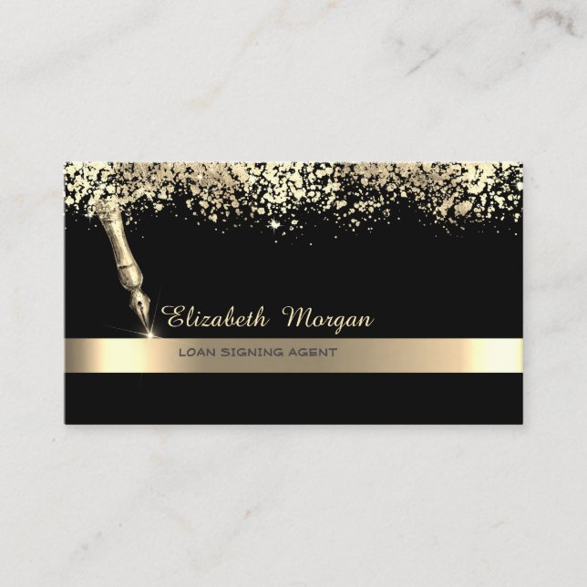 Gold Feather Stripe Confetti Black Notary Business Card (Front)