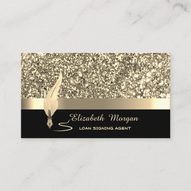 Gold Feather Stripe Sequins Confetti Black Notary Business Card (Front)