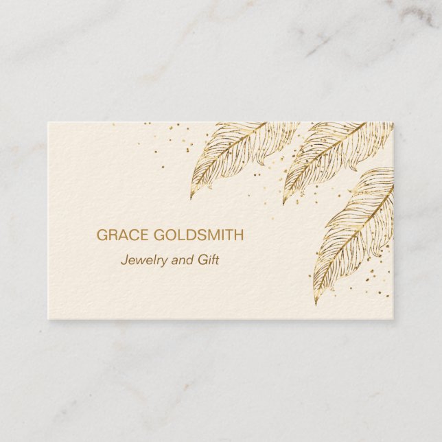 Gold feathers and confetti jewellery business card (Front)