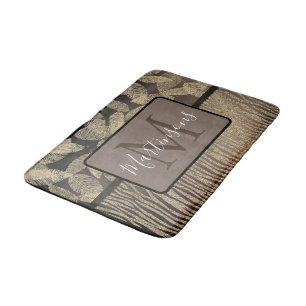 Gold Feathers Glitter Zebra Print Monogram   Bath Mat