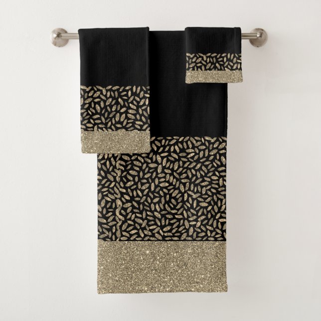 Gold Feathers on Black Bath Towel Set (Insitu)