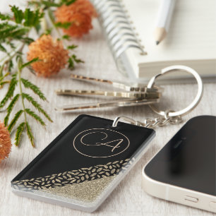 Gold Feathers on Black Glittery Monogram Key Ring