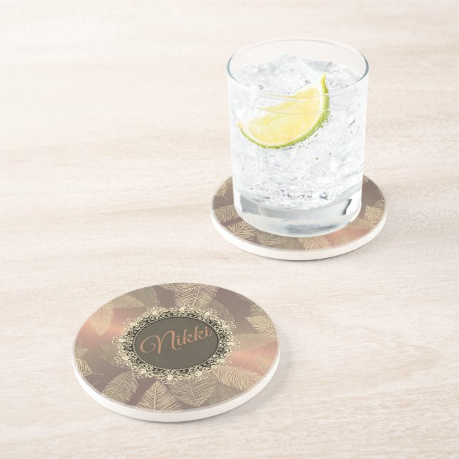 Gold Feathers on Gold Rose Personalised       Coaster (Side)