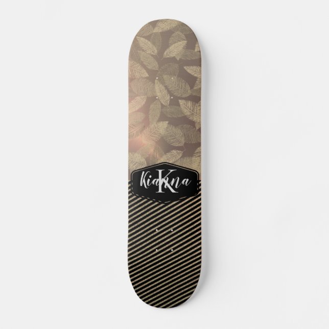 Gold Feathers  Rose Gold Stripes Monogram         Skateboard (Front)