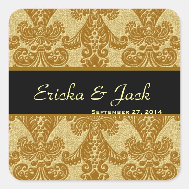 GOLD Feathery Damask Wedding Square Sticker (Front)