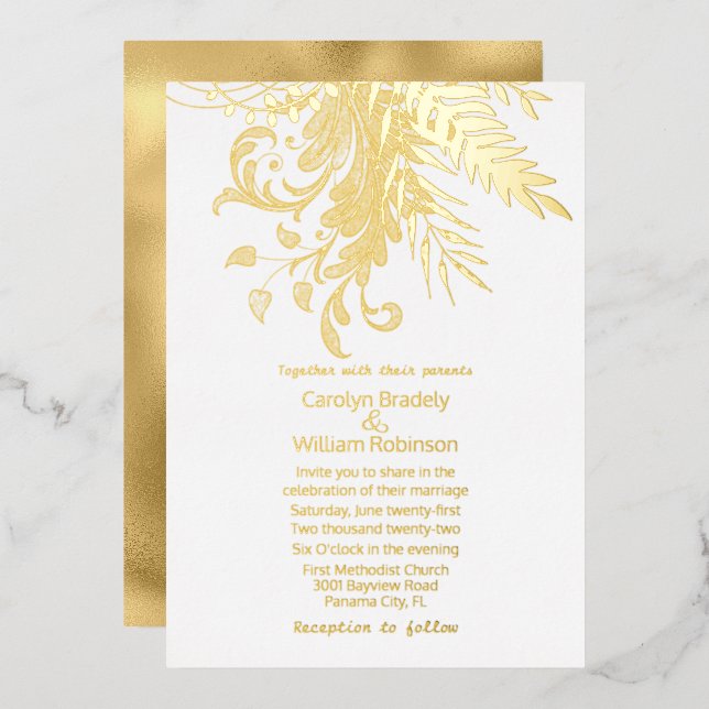 Gold Ferns and Foliage on White Wedding (Front/Back)