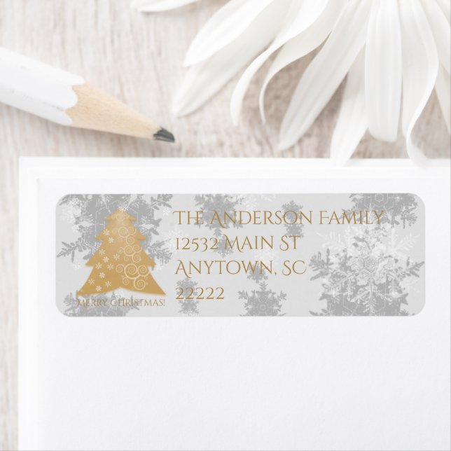 Gold Festive Christmas Tree Return Address Labels (Insitu)
