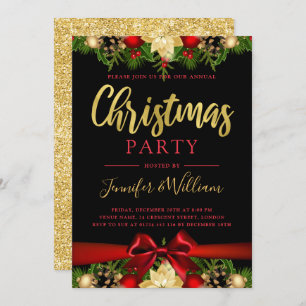 Gold Festive Floral & Ribbon   Xmas Holiday Party  Invitation