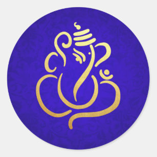 Gold Festive Ganesh   Indian God Damask Blue Classic Round Sticker