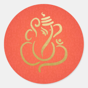 Gold Festive Ganesh  Indian God Damask Classic Round Sticker