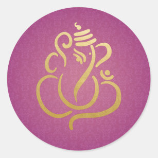 Gold Festive Ganesh  Indian God Damask Purple Classic Round Sticker