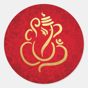 Gold Festive Ganesh   Indian God Damask Red Classic Round Sticker