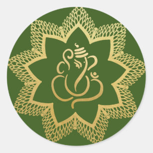 Gold Festive Ganesh   Indian God Green Classic Round Sticker