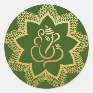 Gold Festive Ganesh Indian God Green Classic Round Sticker
