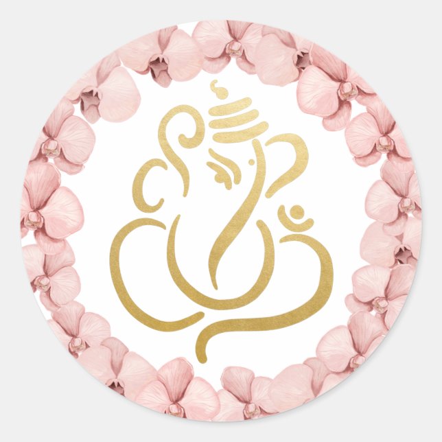 Gold Festive Ganesh | Indian God Pink Orchids Classic Round Sticker (Front)