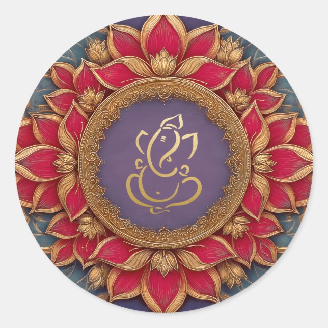 Gold Festive Ganesh | Indian God Purple Pink Lotus Classic Round Sticker (Front)