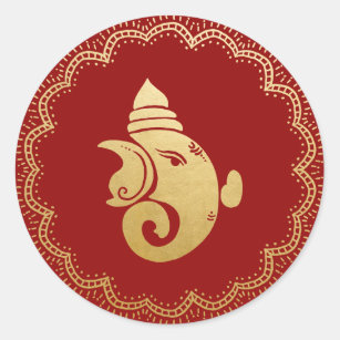 Gold Festive Ganesh   Indian God Red Elegant Classic Round Sticker