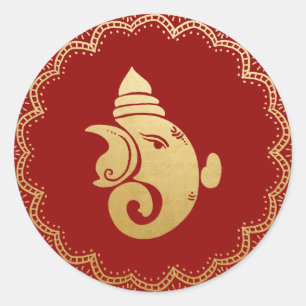 Gold Festive Ganesh   Indian God Red Elegant Classic Round Sticker