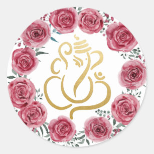 Gold Festive Ganesh  Indian God Red Roses Wreath Classic Round Sticker