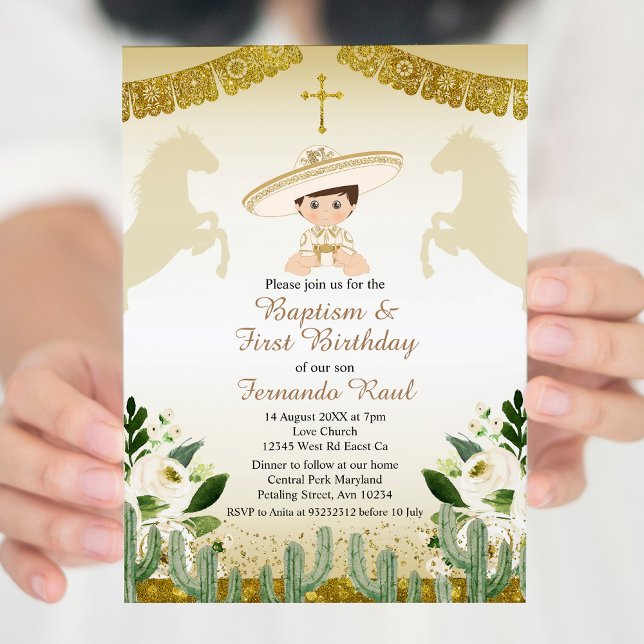 Gold Fiesta Boy Baptism and Birthday Invitation (Creator Uploaded)