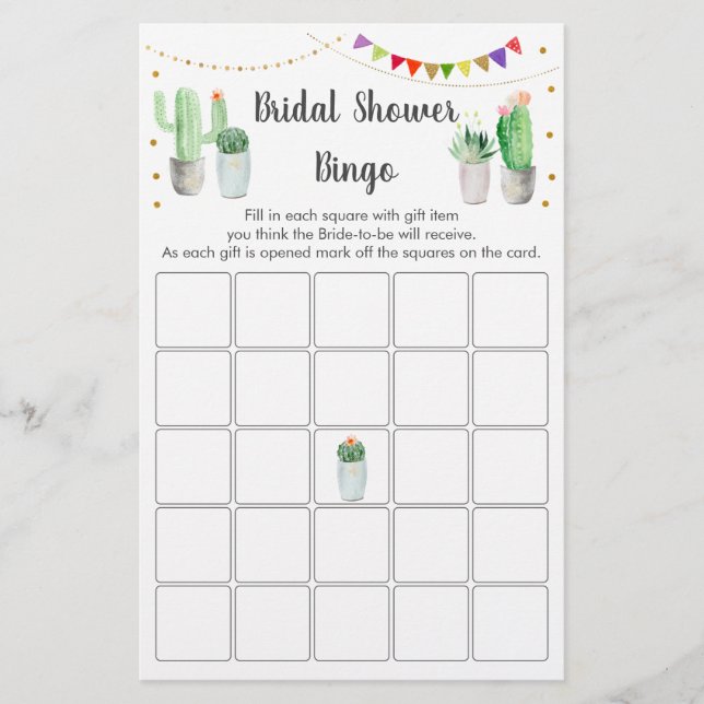 Gold Fiesta Cactus Bridal Shower Bingo Game (Front)